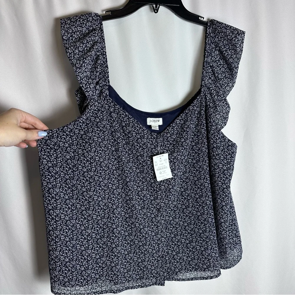 J.Crew Women’s Navy Floral Ruffle Sleeve Tank Top Size 14 NWT